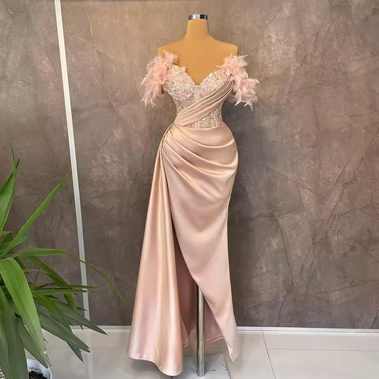 Pink Evening Dresses Feathers Side Split Sexy Prom Gowns Bead Ruched Long Mermaid Elegant Dress Women For Wedding Party