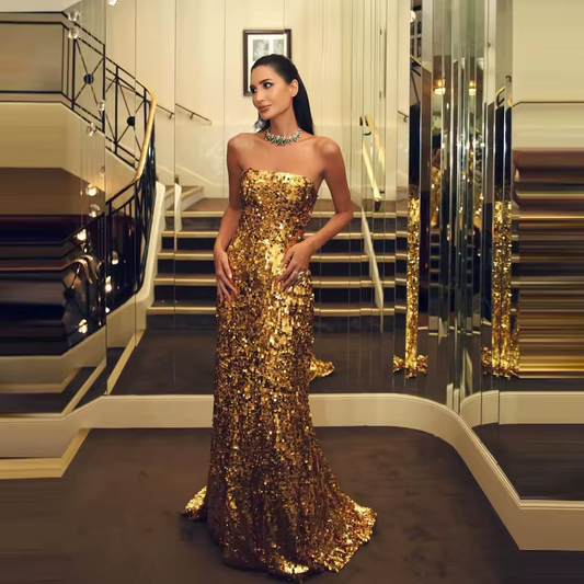Sparkling Gold Sequin Evening Dresses Strapless With Train Mermaid Prom Dressing Gowns For Wedding Guest Long Party Dress
