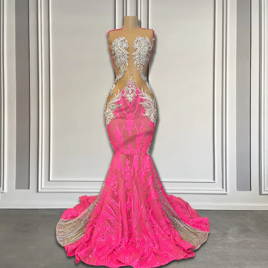 Cute Pink and Silver Lace Mermaid Prom Gowns Sparkly Diamond Beaded Luxury Long Prom Dresses 2025 for Black Girls Customized