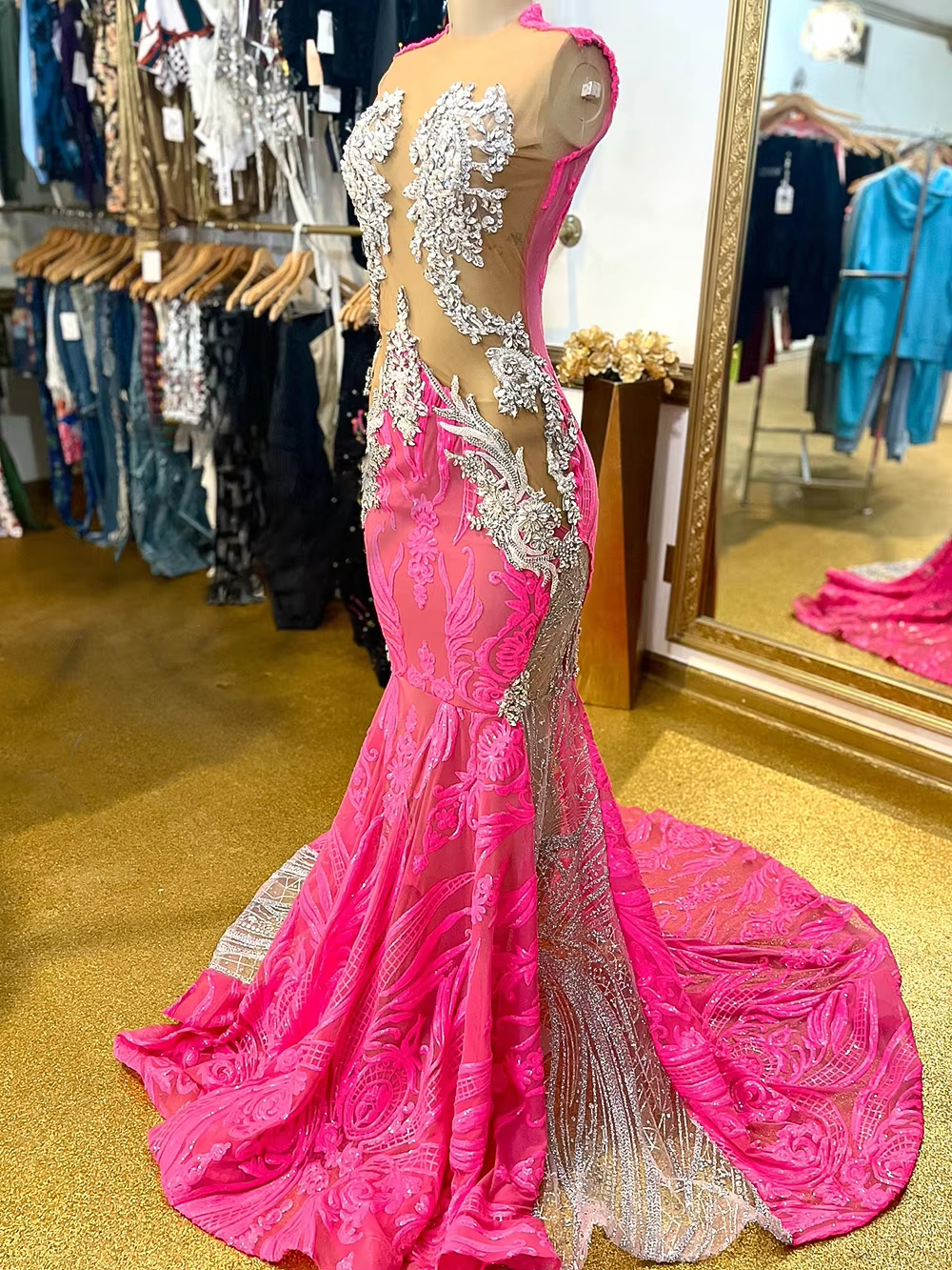 Cute Pink and Silver Lace Mermaid Prom Gowns Sparkly Diamond Beaded Luxury Long Prom Dresses 2025 for Black Girls Customized