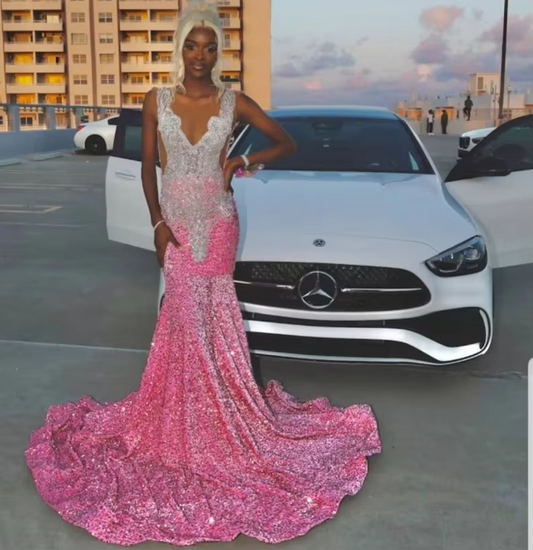 Pink Women Beaded Long Black Girls Prom Dresses Sheer Luxury Diamond Mermaid Sequins Prom Gowns Evening Gala Party Customized