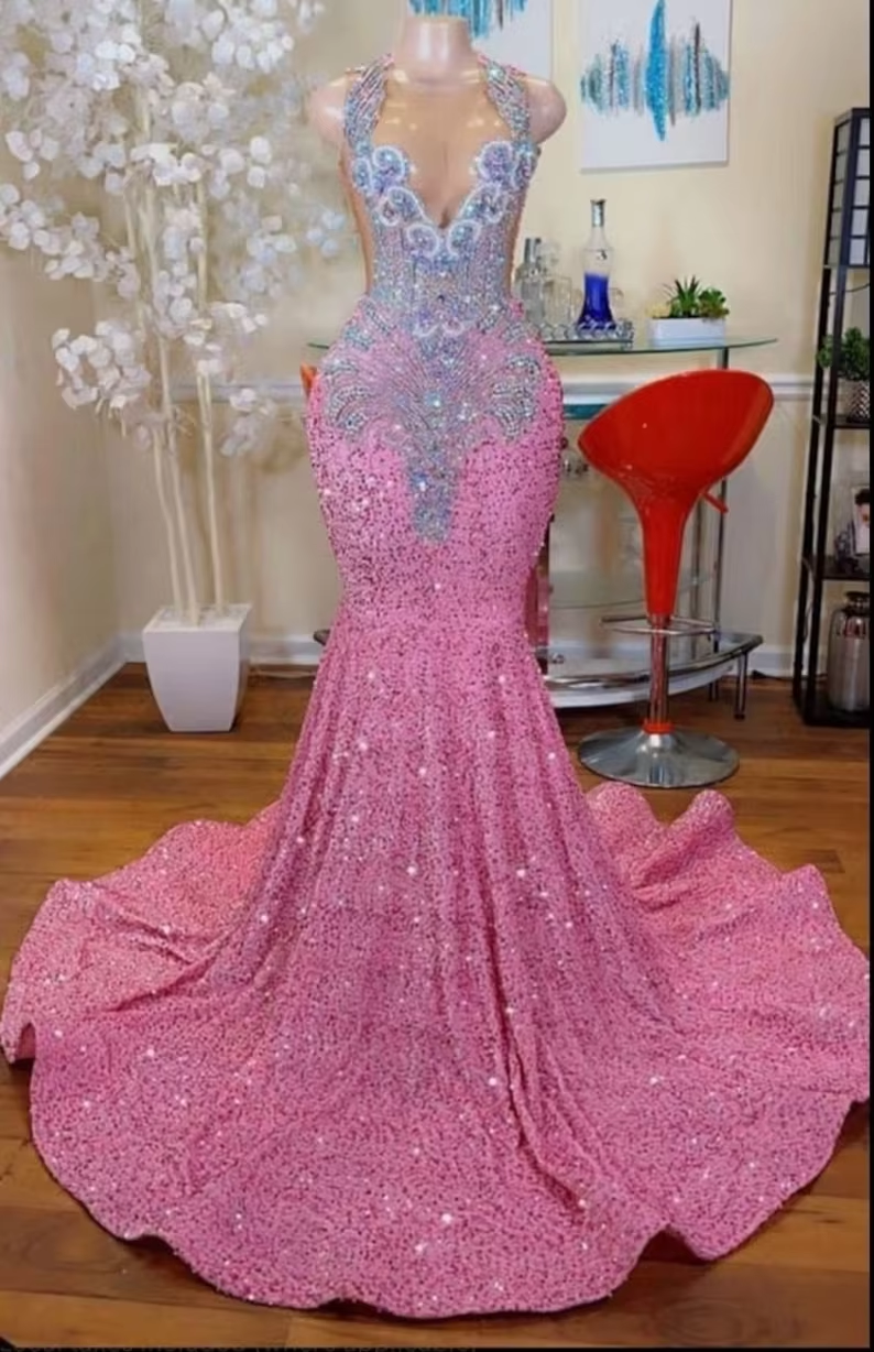Pink Women Beaded Long Black Girls Prom Dresses Sheer Luxury Diamond Mermaid Sequins Prom Gowns Evening Gala Party Customized
