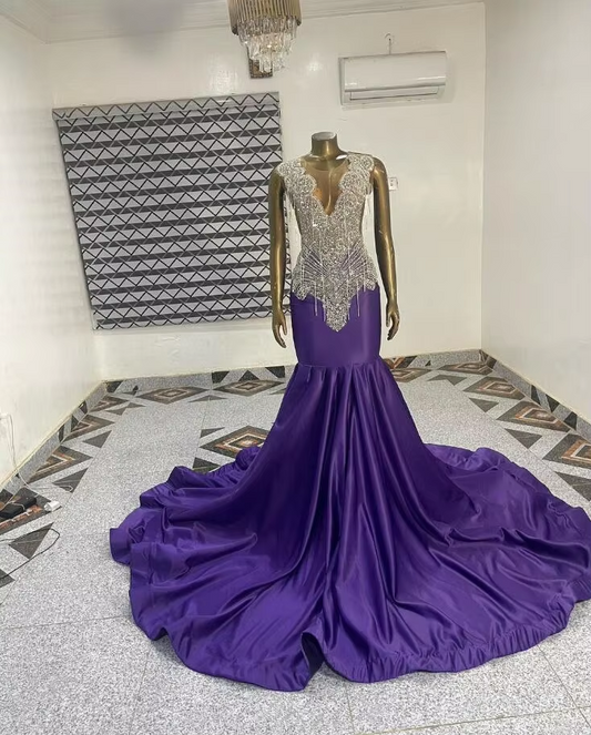 Lavender Purple Black Girl Prom Dress for Women Silver Diamond Crystal Sheer Mesh Evening Birthday Reception Gown customsized
