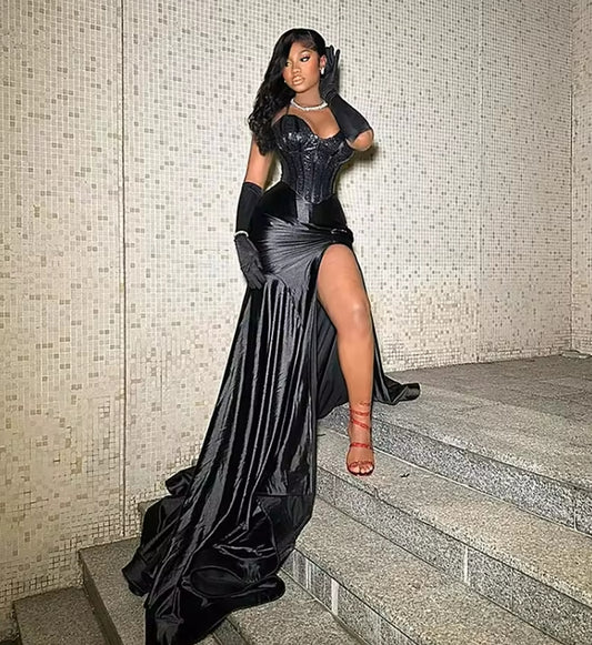 Black Halter High Split Aso Ebi Evening Dresses Beaded Fish Bone Corset With Gloves Mermaid Prom Dress Customized