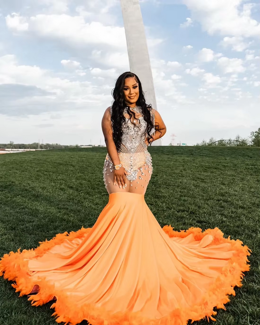 Luxury Women Long Orange Black Girls Prom Dresses Mermaid Style Feather Beaded Crystals Prom Party Gowns Customized
