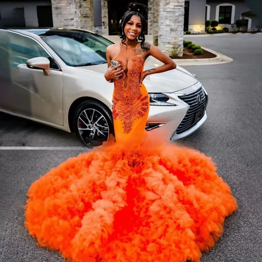 Luxury Orange African American Long Prom Dresses For Black Girls Mermaid Ruffled Crystals Women Party Evening Gown Customized