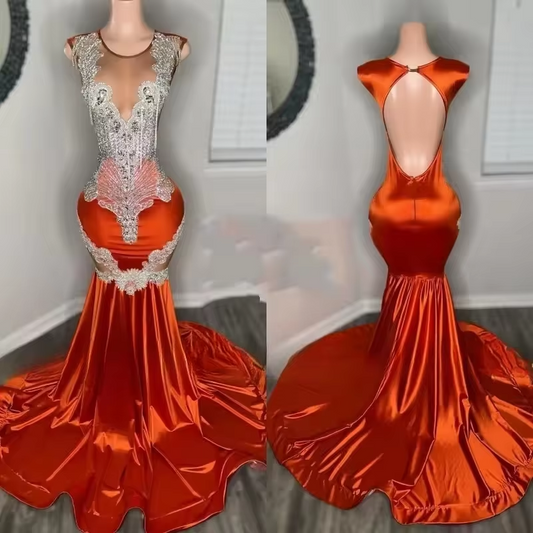 2025 Orange Prom Dresses Luxury Scoop Crystal Black Girls Mermaid Party Gowns Rhinestone Scoop vestidos de gala Customized