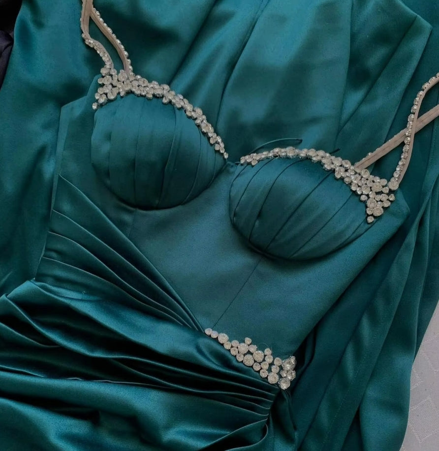 Customized Glitter Dark Green Diamonds High Slit A Line Prom Dress For
