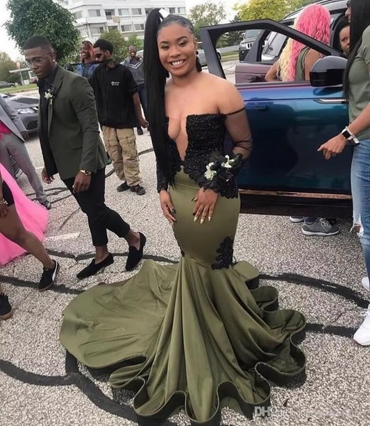 2025 Mermaid Olive Green Prom Dresses for Black Girls Applique Long Sleeves Formal Party Evening Wear gown Vestido De Festa