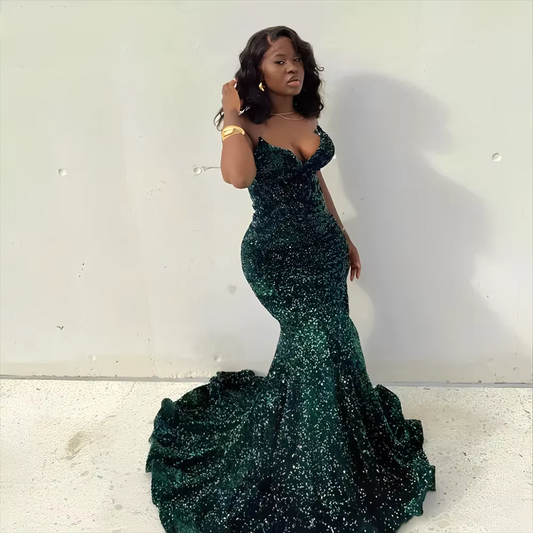 Customized Green Sequin Mermaid Prom Dresses Black Girl Long Plus Size For Party Wedding Evening Gowns vestidos para mujer