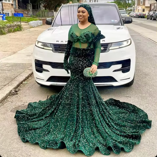 Customized Green Sequin Mermaid Prom Dresses 2025 Glitter Long Evening Party Gala Gown Black Girl Birthday Robes de soirée
