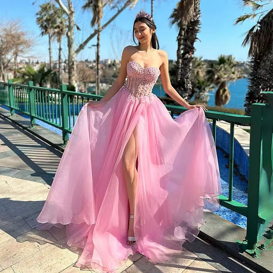 2025 Light Pink Tulle Princess Evening Dress High Split Illusion Strapless off shoulder prom gowns Quinceanera Dress Custom