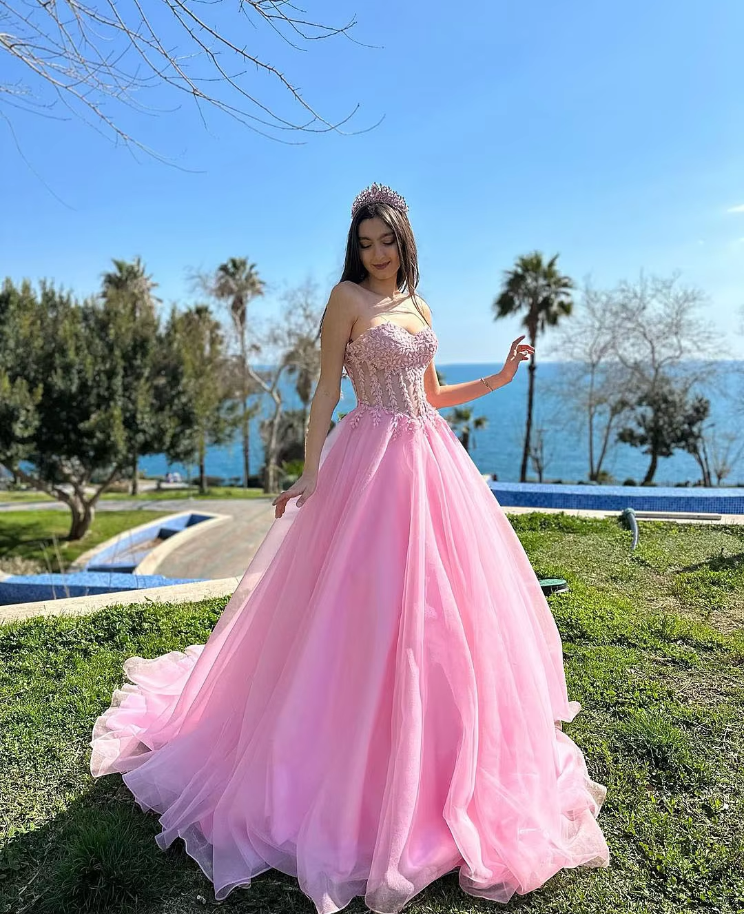 2025 Light Pink Tulle Princess Evening Dress High Split Illusion Strapless off shoulder prom gowns Quinceanera Dress Custom