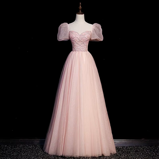 Customized Evening Dress Pink Beads Handmade Square Collar Short Sleeves Floor Length A-Line Plus Size Women party Formal Gown