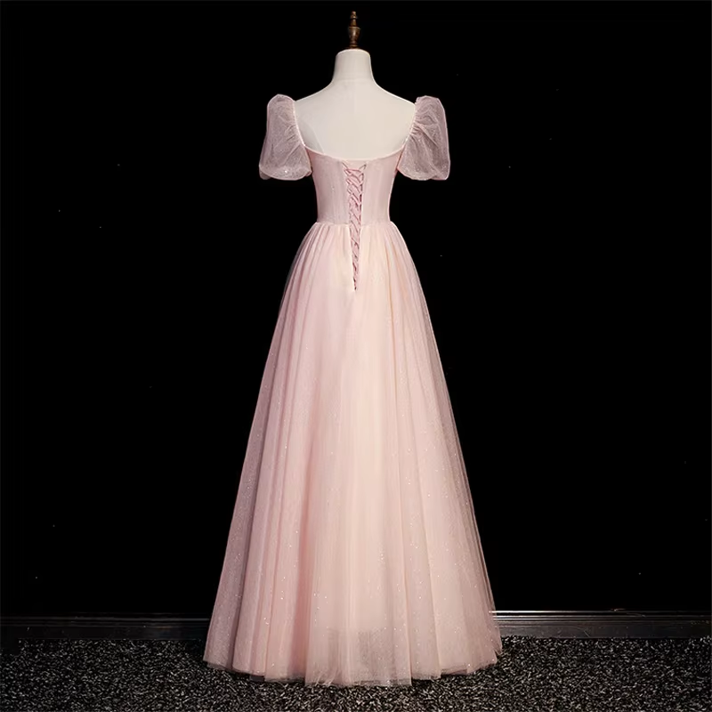 Customized Evening Dress Pink Beads Handmade Square Collar Short Sleeves Floor Length A-Line Plus Size Women party Formal Gown