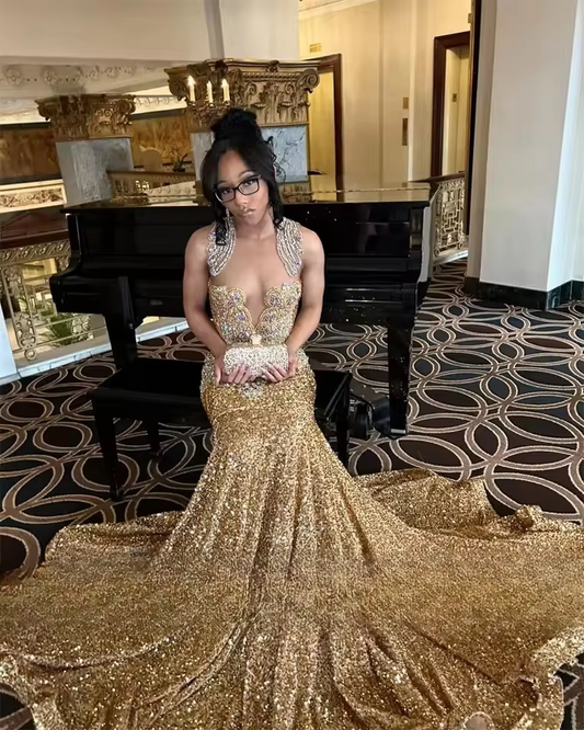 Elegant Gold Diamonds Long Prom Dress Luxury Beads Crystals Sequins Mermaid Birthday Wedding Party Gown Customized