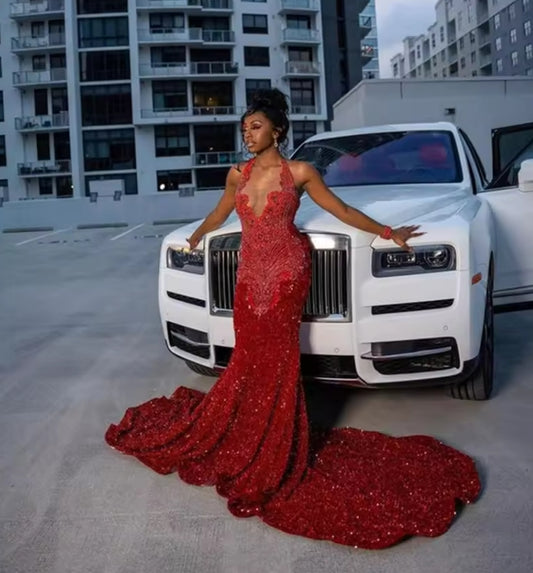 Red Sequin Crystal Rhinestones Mermaid Prom Dresses Black Girls Dress Party Evening Luxury Celebrity Customized