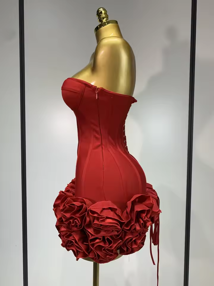 Women Sexy Strapless Backless Flower Embellished Mini Bandage Dress Bodycon Celebrity Party Cocktail Evening Party Club Dresses