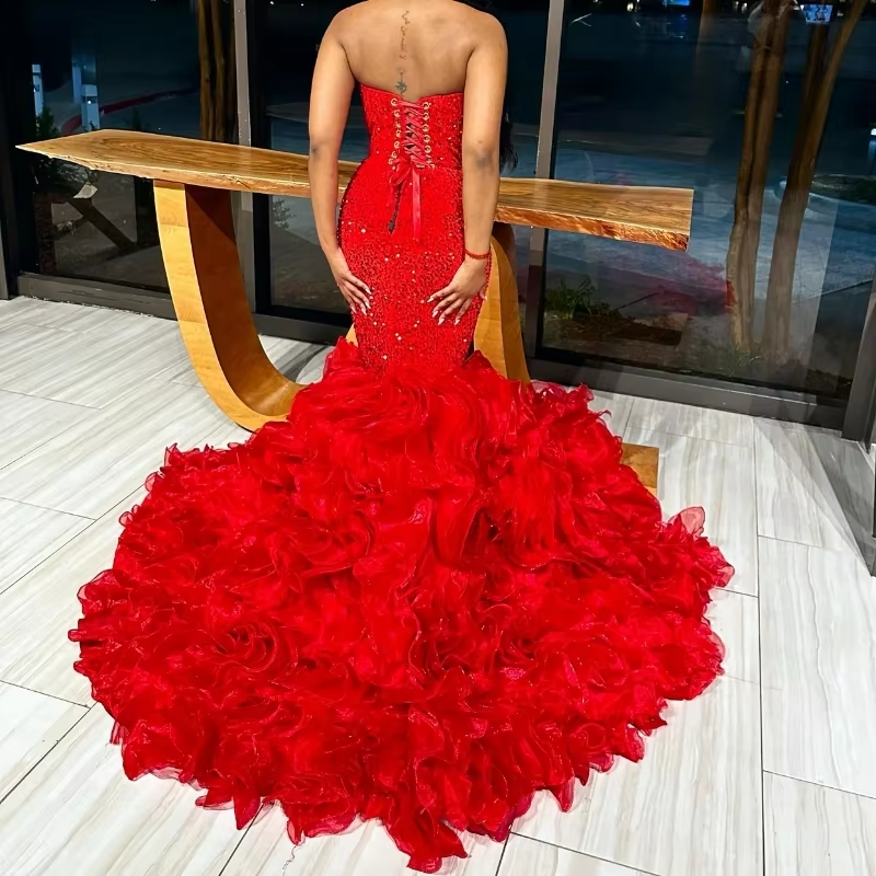 Luxury Red Crystal Beading Tassels Prom Dress Black Girls Baddie Evening Dresses Ball Gowns Birthday African Sweetheart vestidos