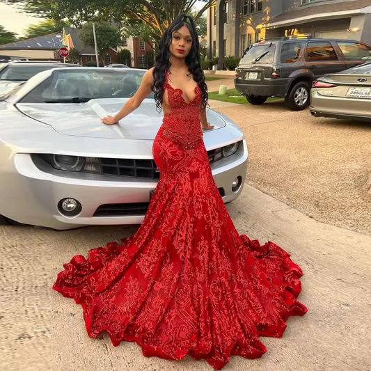 High End Red Wedding Dress Appliques Crystals Beaded Mermaid Dresses Ruffled Long Sweep Train Custom Made Prom Gown Luxury Gown