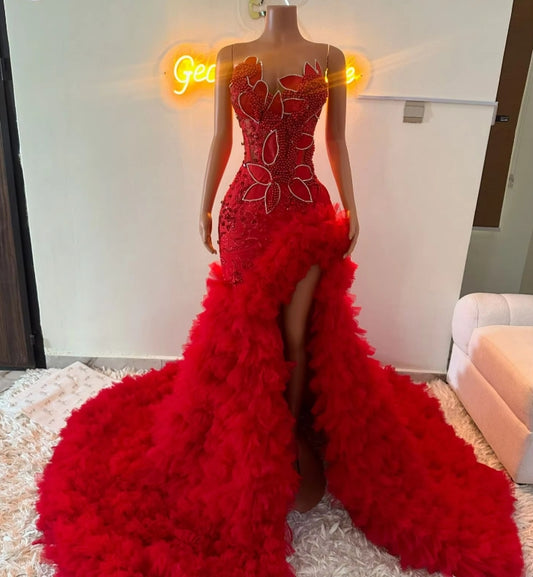 Red Lace Celebrity Dresses Plus Size Sleeveless Mermaid Evening Dresses With Side Slit Wedding Party Gowns Vestidos De Gala