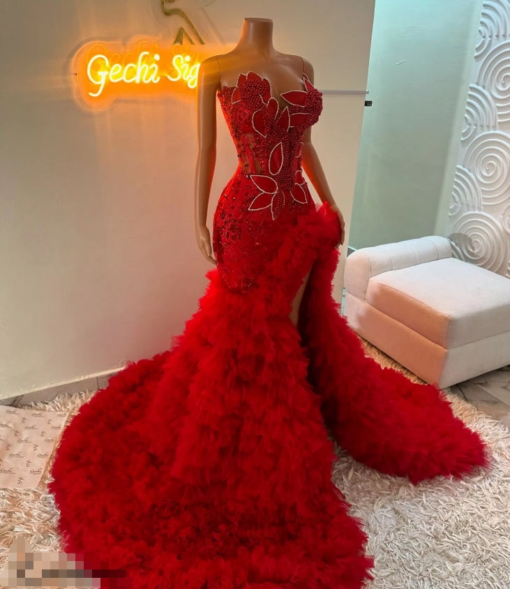 Red Lace Celebrity Dresses Plus Size Sleeveless Mermaid Evening Dresses With Side Slit Wedding Party Gowns Vestidos De Gala