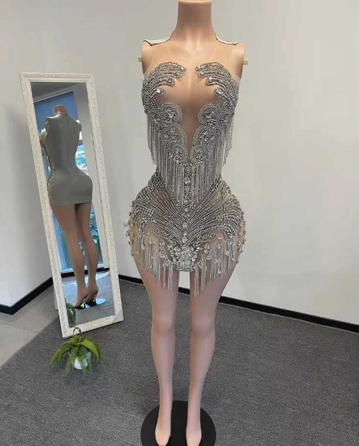 Luxury Silver Sheer Diamond Short Prom Dresses Black Girls Sexy Birthday Party Dresses African Mini Cocktail Dresses Homecoming