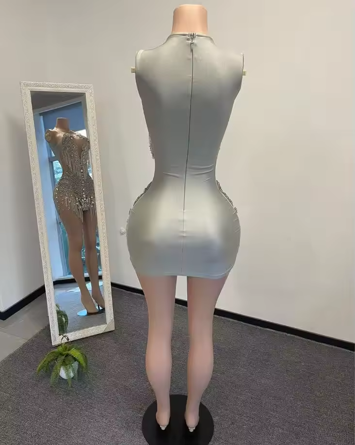 Luxury Silver Sheer Diamond Short Prom Dresses Black Girls Sexy Birthday Party Dresses African Mini Cocktail Dresses Homecoming