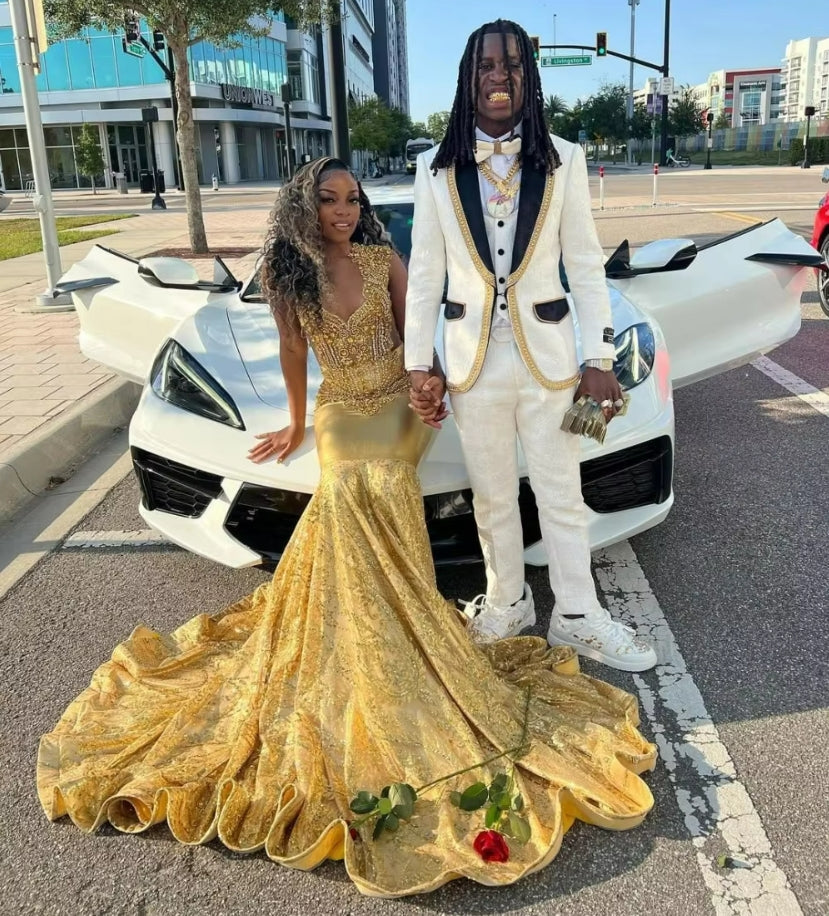 Customized Sparkly Gold Long Prom Dress For Black Girls African Mermai