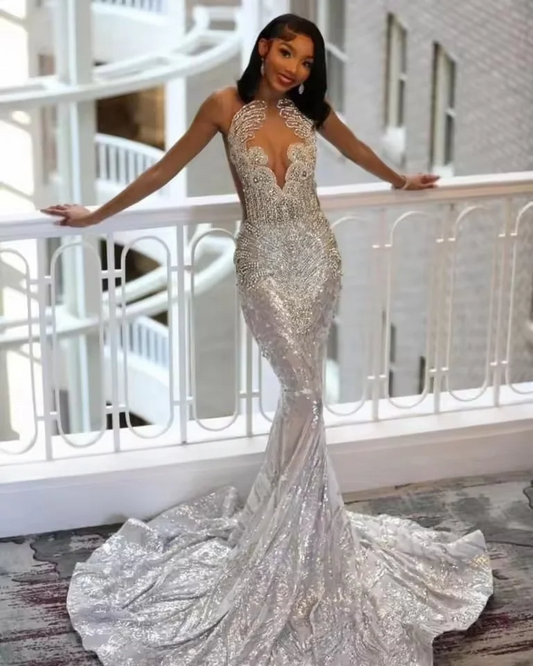 Sparkly Silver Prom Dresses For Black Girl 2025 Crystal Sequin Mermaid Evening Gowns Robe De Bal Party Dress Customized