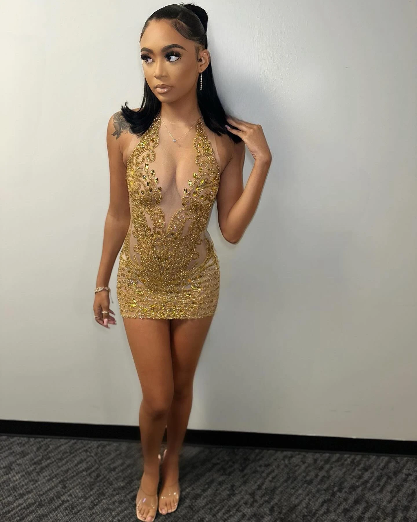 Glitter Lace Beaded Women Cocktail Birthday Party Gowns Sparkly Diamond Crystals Gold Aao Ebi Black Girls Short Prom Dresses
