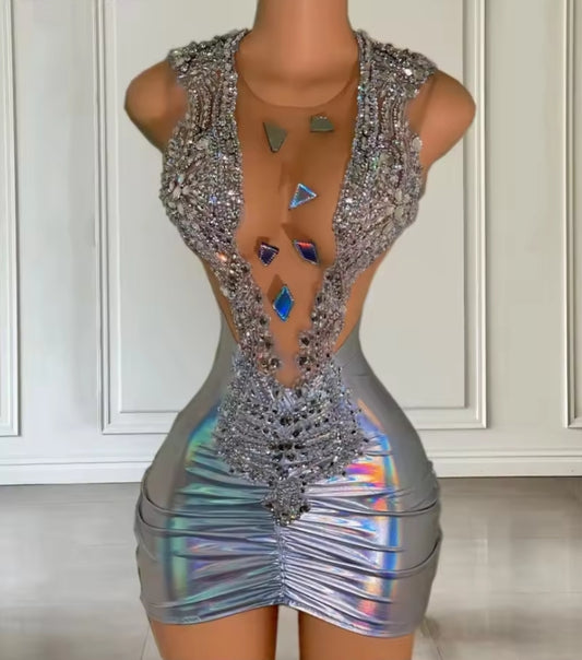 Sexy See Throug Birthday Dress For Women Luxury Sheer Neck Rhinestone Sequin Short Cocktail Gowns Night Party Dress Customized