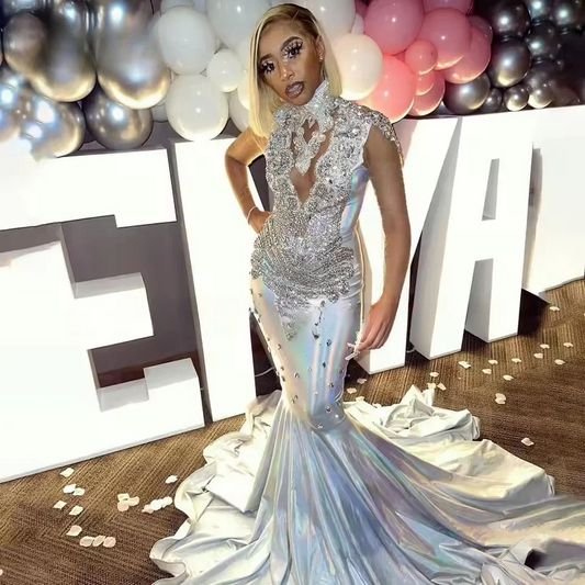 Gillter Silver Satin African Prom Dress for Women Sparkly Crystal Sheer Mesh Black Girl Reception Birthday Gowns Customized