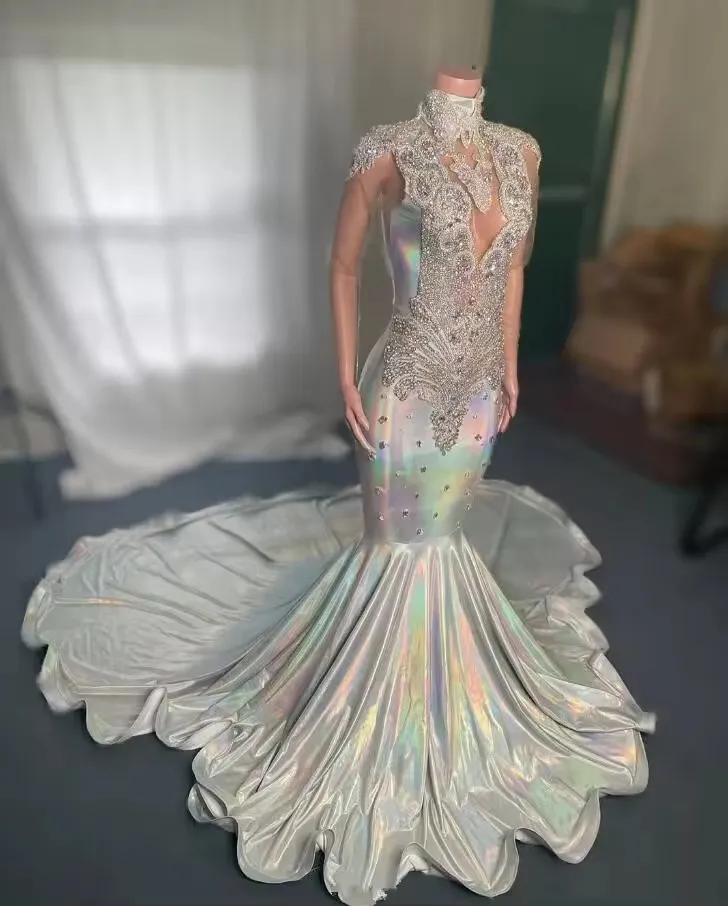 Gillter Silver Satin African Prom Dress for Women Sparkly Crystal Sheer Mesh Black Girl Reception Birthday Gowns Customized