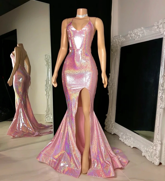 Pink Sexy Halter Backless Long Black Girls Prom Dresses Mermaid Style Sequins Sparkle Slit Prom Party Gowns Customized