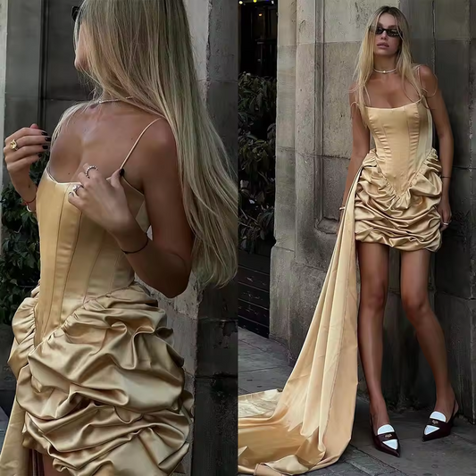 Fashion Mini Women Prom Dresses Spaghetti Strap Sleeveless Gown Ruffles Pleat Short Dress For Party Custom Made