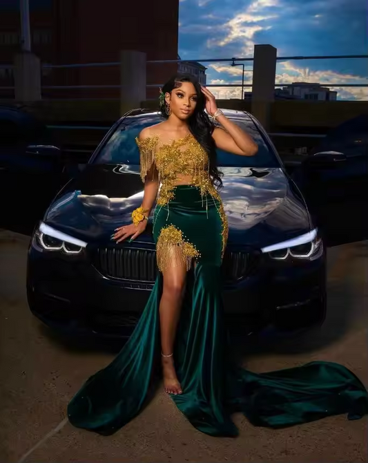 Green Velvet Mermaid Prom Party Dress for Women Royalty Doll Sparkly Crystal Tassel Black Girl Birthday Gown Evening Wear