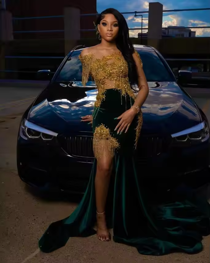 Green Velvet Mermaid Prom Party Dress for Women Royalty Doll Sparkly Crystal Tassel Black Girl Birthday Gown Evening Wear