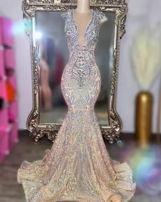 Sparkly V Neck Long Prom Dress For Black Girls 2025 Sequined Birthday Party Dresses Beaded Crystal Evening Gowns Customized