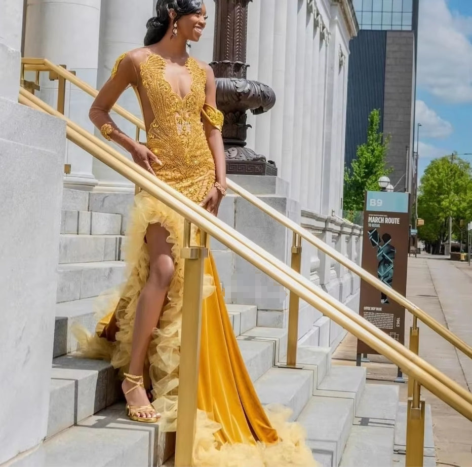 Gold African American Prom Dresses For Black Girls Mermaid Ruffled Crystals Slit Women Robe De Soiree Evening Gown Customized