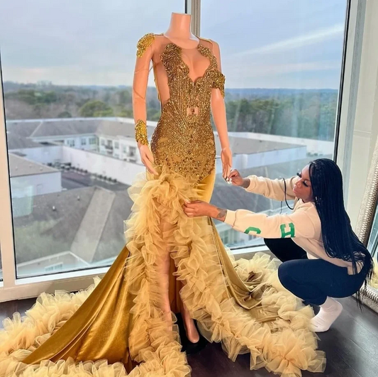 Gold African American Prom Dresses For Black Girls Mermaid Ruffled Crystals Slit Women Robe De Soiree Evening Gown Customized