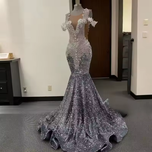 Luxury Silver Gray Prom Dresses 2025 Sexy Backless Sheer Neck Sequin Birthday Evening Party Gowns Customized Vestidos De Gala
