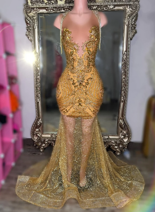 Gold Sparkly Sequined Crystal Mermaid Prom Dresses Long for Women 2025 Tassel Tight Diamond Formal Evening Gowns Customized