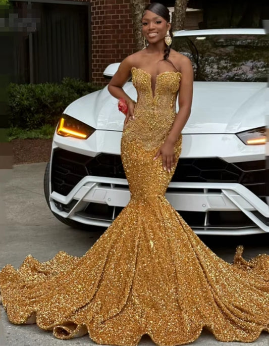 Sequin Gold Prom Dresses 2025 Luxury For Black Girl Crystal Diamond Mermaid Party Gowns Sweetheart Evening Dress Customized