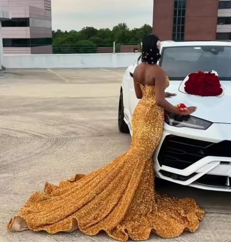 Sequin Gold Prom Dresses 2025 Luxury For Black Girl Crystal Diamond Mermaid Party Gowns Sweetheart Evening Dress Customized