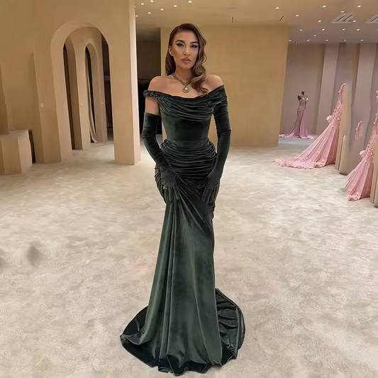 Sexy Mermaid Prom Evening Dresses Saudi Arabia Velvet Off The Shoulder Party Dress Night Cocktail Prom Gown Customized