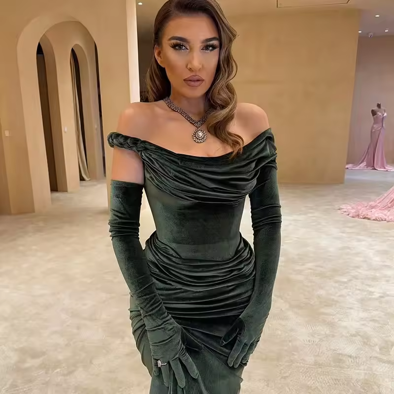 Sexy Mermaid Prom Evening Dresses Saudi Arabia Velvet Off The Shoulder Party Dress Night Cocktail Prom Gown Customized