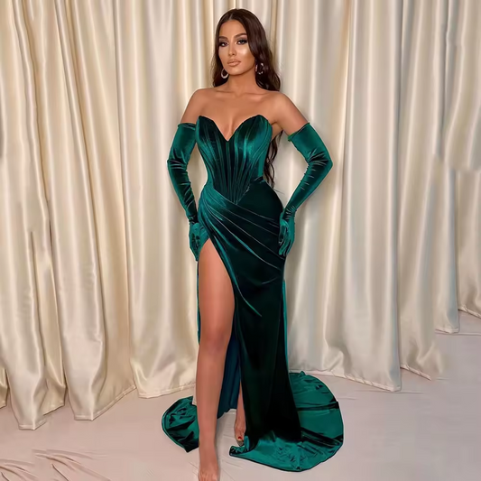 Emerald Green Velour Prom Dress High Slit Party Gowns Mermaid Winter Velvet Evening Gowns
