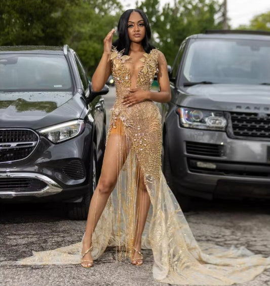 Customized Sparkling Evening Gowns Applique Rhinestone Sequin Embellished Prom Gown African Girls Fringe High Slit Applique Gown