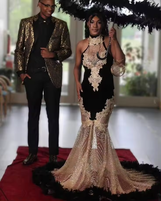 Black Gold African Evening Formal Dress for Women Gillter Applique Feather Halter Mermaid Birthday Gown vestidos de gala